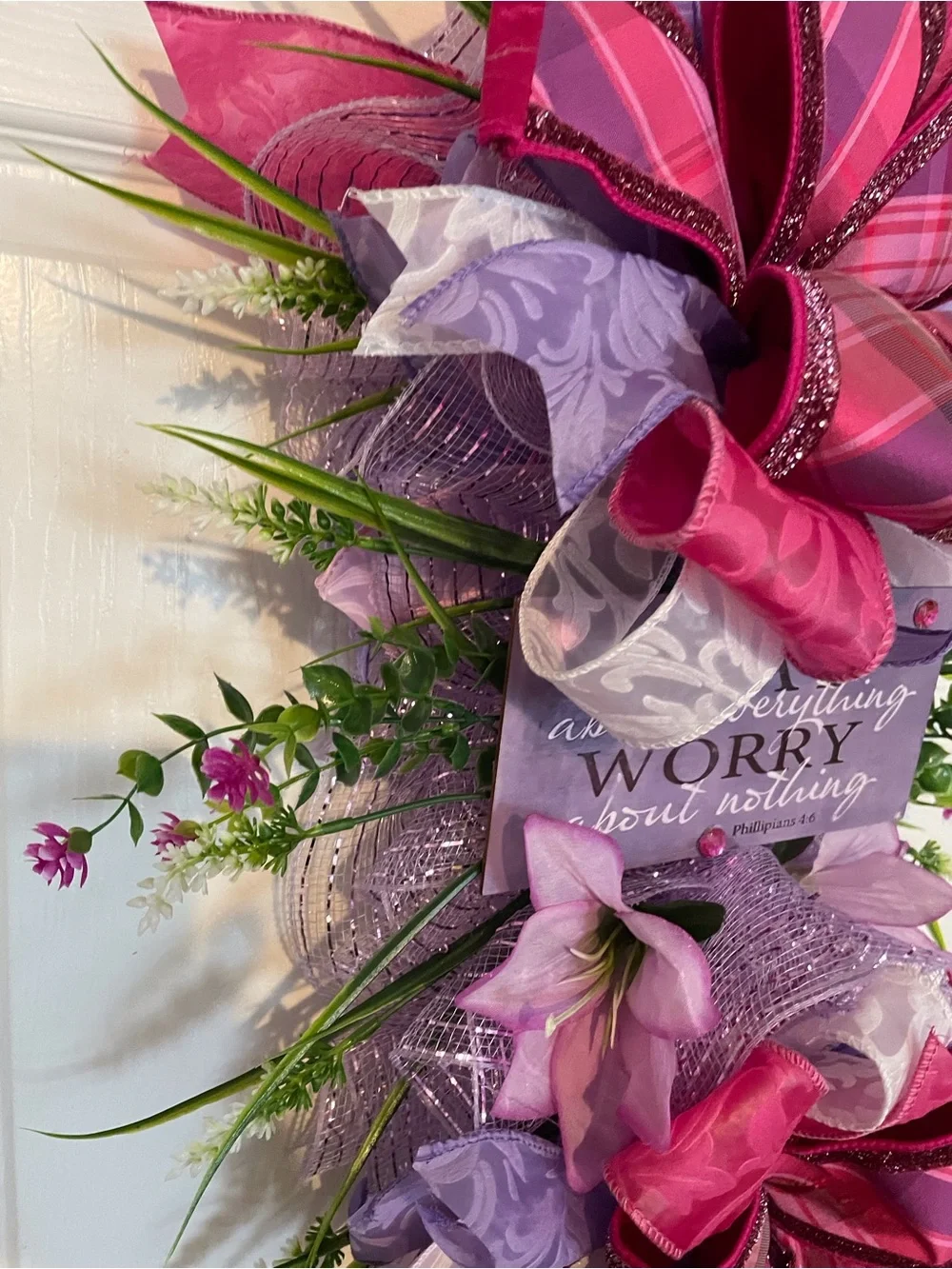 Home Holiday Pink & Purple Ribbon Door Swag with Floral Accents